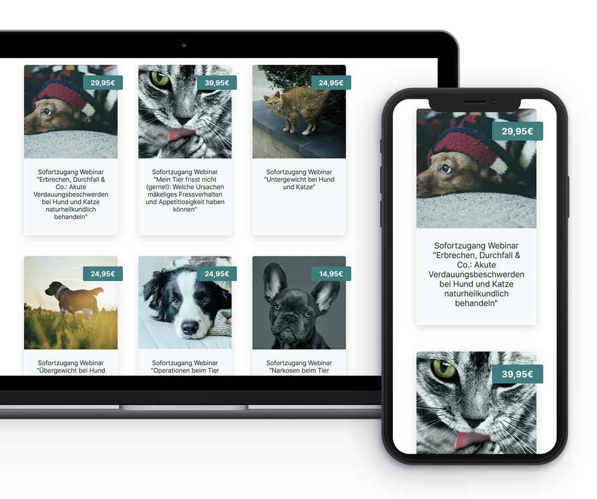 Auf einem Laptop und einem Smartphone wird eine Website angezeigt, auf der Webinare zum Thema ganzheitliche Tiergesundheit bei Hunden und Katzen abgebildet sind.